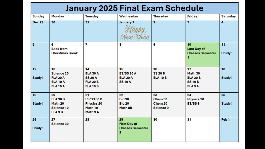 January 2025 Exam Schedule